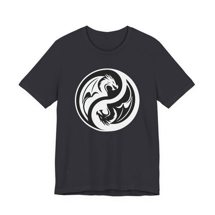 Black tee featuring a white Yin Yang dragon symbol of balance, power, and harmony.