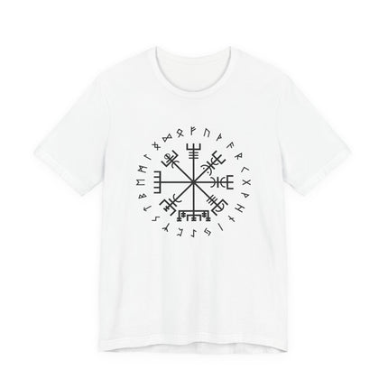 Vegvisir rune compass graphic featuring Norse runes on a white t-shirt.