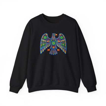 Colorful Huichol Eagle tribal sweatshirt, featuring authentic Mexican folk art designs on a unisex pullover.