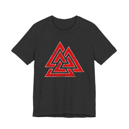 Red Valknut Viking symbol graphic t-shirt featuring Norse mythology design.
