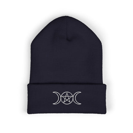 Triple Moon Cuffed Beanie | Embroidered White Crescents and Pentacle