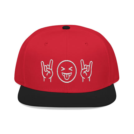 Red snapback hat with embroidered rock hand signs and playful emoji face.