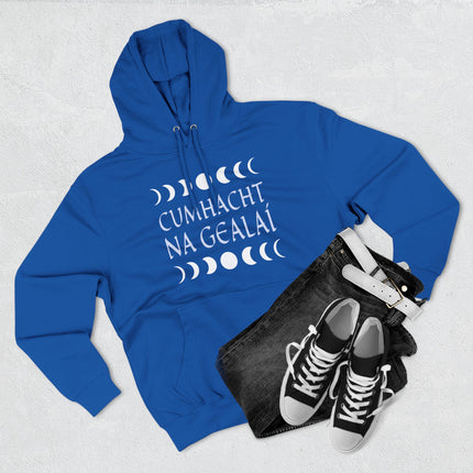 Blue hoodie featuring Irish Gaelic text, "Cumhacht na Gealá," symbolizing the power of the moon.