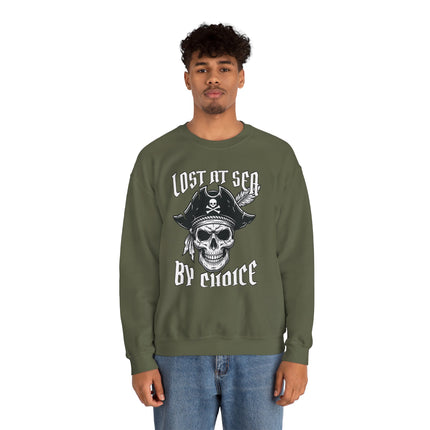 Lost At Sea By Choice pirate skull graphic sweatshirt in olive green. Nautical streetwear apparel.