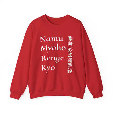 Red Namu Myoho Renge Kyo Buddhist mantra sweatshirt featuring Japanese Kanji characters and spiritual design.