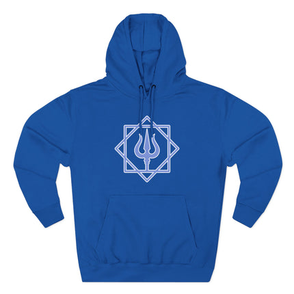Blue hoodie featuring the sacred Trishula symbol of Lord Shiva, representing Hindu mythology.