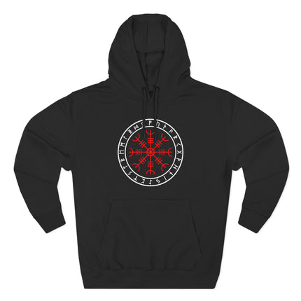 Norse Aegishjalmur rune symbol on a black Viking hoodie.