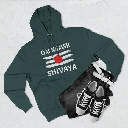 Om Namah Shivaya mantra hoodie featuring Tripundra design. Spiritual devotional wear for Shiva devotees.