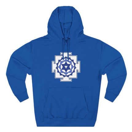 Blue hoodie featuring a sacred geometry Matangi Yantra Hindu symbol print.