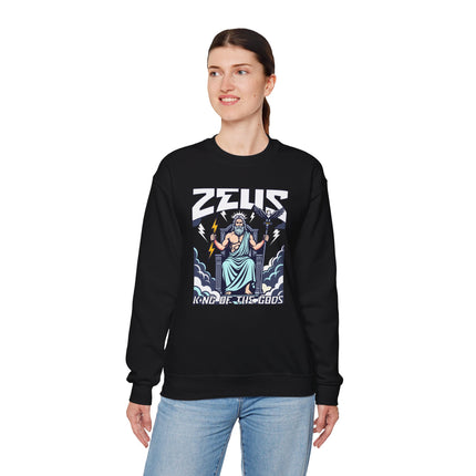 Black sweatshirt featuring Zeus, King of the Gods, Greek mythology lightning graphic.