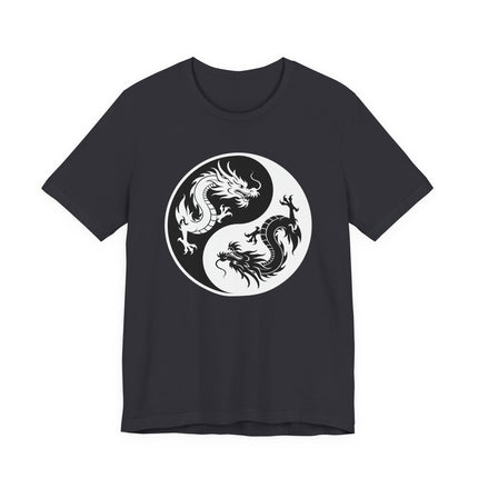 Yin Yang t-shirt graphic with opposing Chinese dragons symbolizing cosmic balance and power.