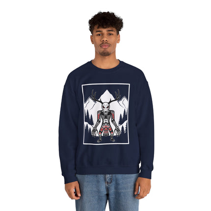 Wendigo antler skull graphic over a mountain forest landscape. Cryptid folklore sweatshirt.