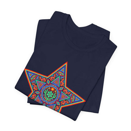 Colorful Huichol star graphic tee with vibrant Mexican indigenous geometric art print.