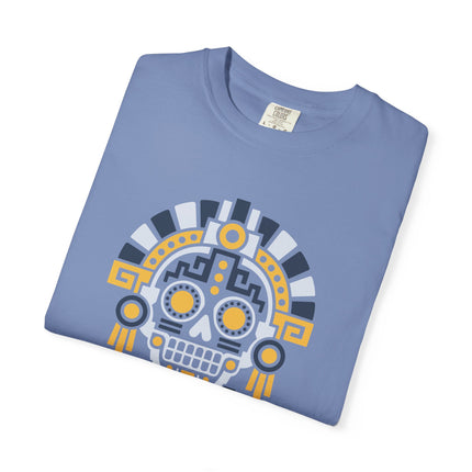 Aztec Mictlan Skull T-Shirt | Geometric Face in Green, Red, and Gold Tee