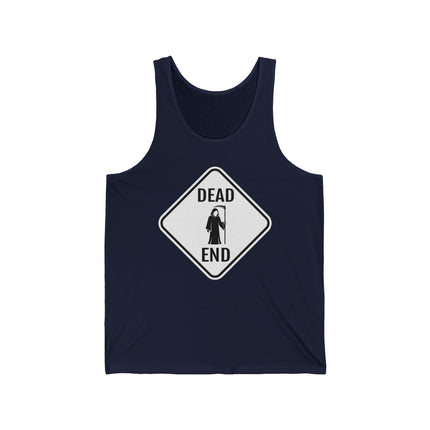 Dead End sign graphic with Grim Reaper on a dark blue unisex tank top.