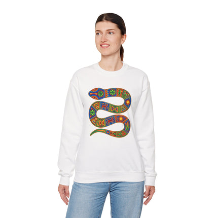 Huichol Snake Art Sweatshirt | Vibrant Indigenous Geometric Serpent Pullover Sweatshirt