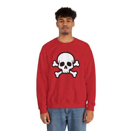 Red pullover sweatshirt featuring a white skull and crossbones graphic design.