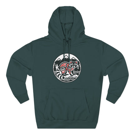 Raccoon Indigenous Art Hoodie | PNW Mountains Forest Wildlife Pullover Hoodie