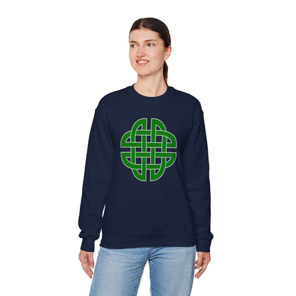 Green Celtic knotwork graphic on a navy blue unisex sweatshirt.