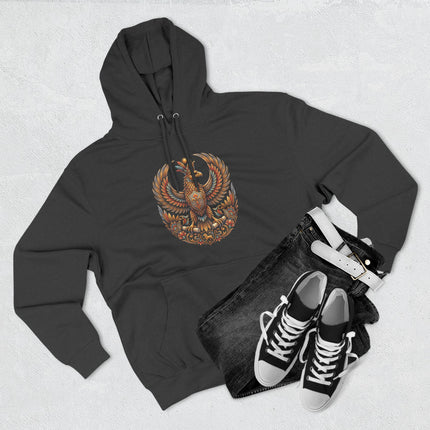 Shabaz Persian mythology eagle graphic on a black pullover hoodie.