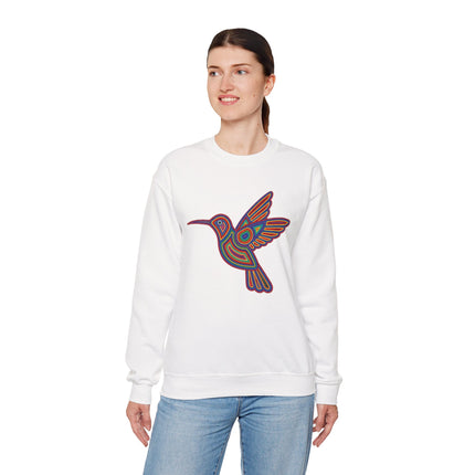 Vibrant geometric hummingbird print on a white sweatshirt, inspired by cultural indigenous art.