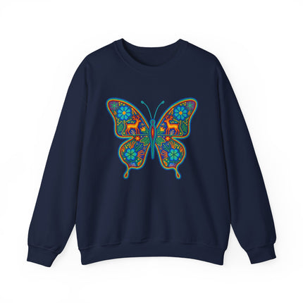 Colorful Huichol butterfly folk art graphic on a navy blue boho sweatshirt.