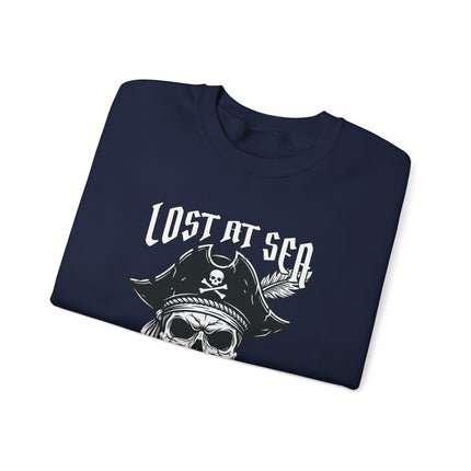 Pirate skull nautical pullover sweatshirt featuring 'Lost At Sea By Choice' graphic design.