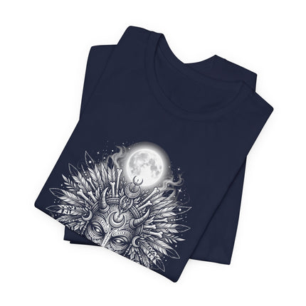 Lunar Deity Portrait Tee - Tribal Moon Mask Graphic Art T-Shirt