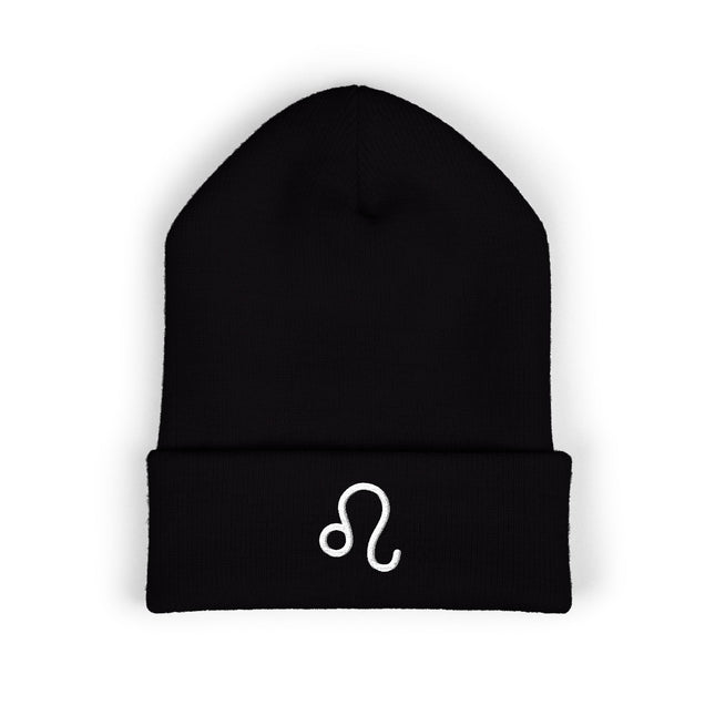 Leo Symbol Embroidered Cuffed Beanie with White Curved Astrology Glyph