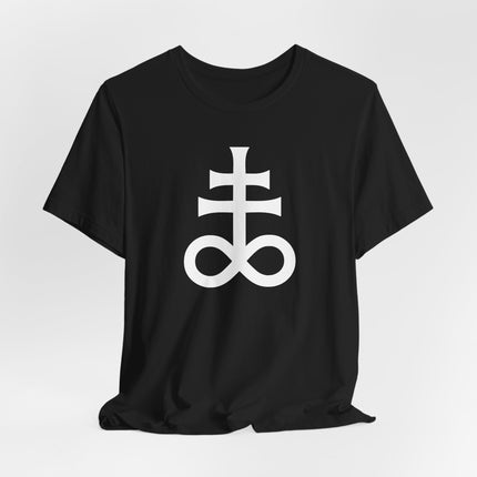 Black t-shirt with white esoteric symbol: cross and infinity knot design.