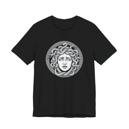 Medusa Gorgon head art on a black tee, featuring snakes and a classical Greek key pattern.