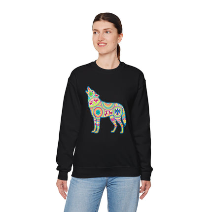Colorful Huichol wolf graphic sweatshirt featuring vibrant geometric Mexican folk art patterns.