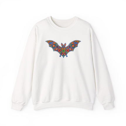 Huichol bat artwork pullover sweatshirt with vibrant Mexican folk art print.