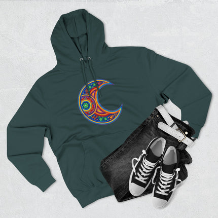 Huichol Moon Hoodie | Colorful Indigenous Art Crescent Pullover Hoodie
