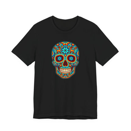 Colorful sugar skull graphic tee featuring Mexican Día de los Muertos Calavera folk art design.