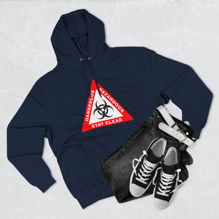 Navy blue hoodie featuring a red biohazard warning sign graphic that reads "Dangerous Hazardous Stay Clear.