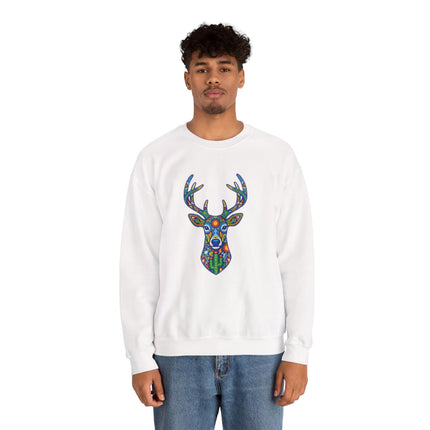 Vibrant Huichol-style deer graphic on a white sweatshirt. Mexican folk art geometric print.