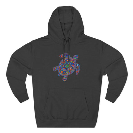 Vibrant Huichol folk art turtle graphic on a black pullover hoodie.