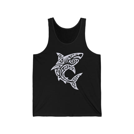 Maori tribal shark graphic design on a black tank top. Polynesian style art.