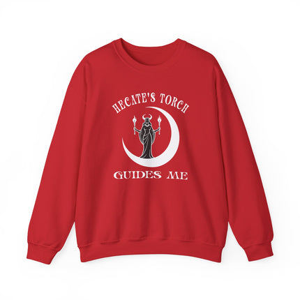Goddess Hecate torch and moon guide print on witchy pagan pullover sweatshirt.