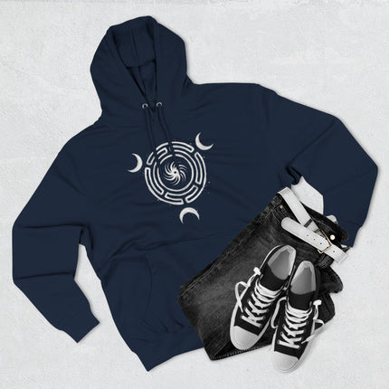 Triple Moon and Hekate's Wheel goddess symbol on a navy pullover hoodie.