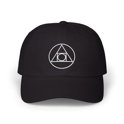 Black baseball cap with embroidered alchemical triangle symbol.