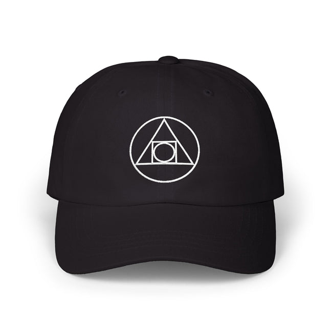 Black baseball cap with embroidered alchemical triangle symbol.