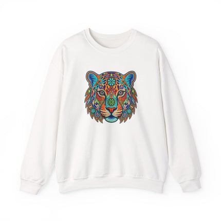 Vibrant Huichol Jaguar artwork on a colorful Mexican patterned pullover sweatshirt.