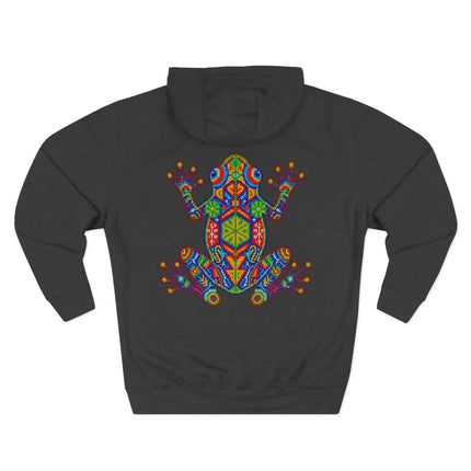 Colorful Huichol geometric frog art print on a black hoodie.