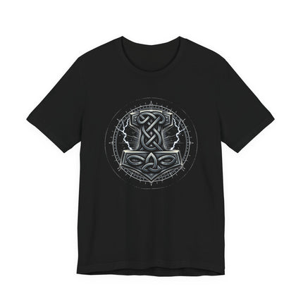 Norse knotwork graphic tee featuring Mjolnir, the hammer of Thor, and Viking mythology art.