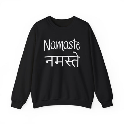 Namaste Hindi Devanagari script graphic on a black unisex sweatshirt.