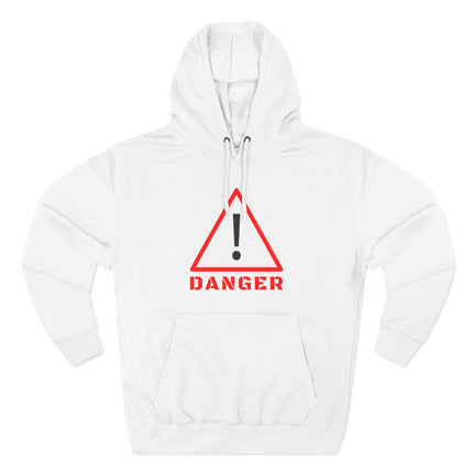 White pullover hoodie with a red danger warning sign graphic and exclamation mark.