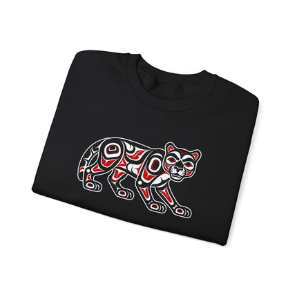 Northwest Coast Cougar Formline design on an indigenous art graphic pullover sweatshirt.