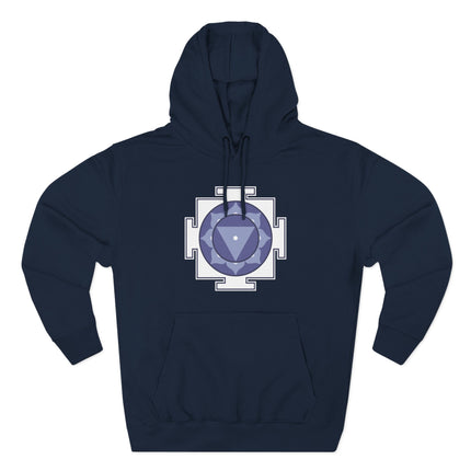 Tara Yantra sacred geometry symbol printed on a navy blue spiritual hoodie.